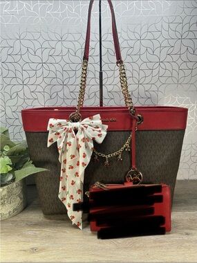 7616 Michael Kors Red Saffiano Leather Tote with Beige Interior 270917616